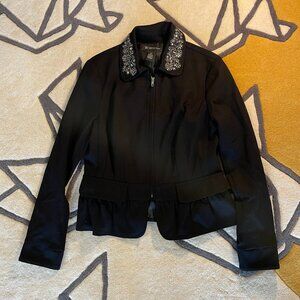 INC International Concepts Black Beaded Collar Zip Blazer Jacket